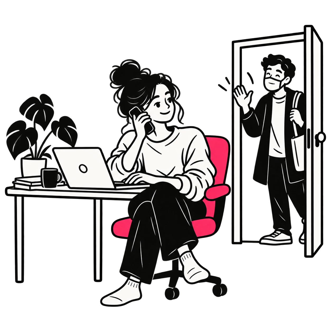 A woman working comfortably from home while greeting a socially distanced masked visitor