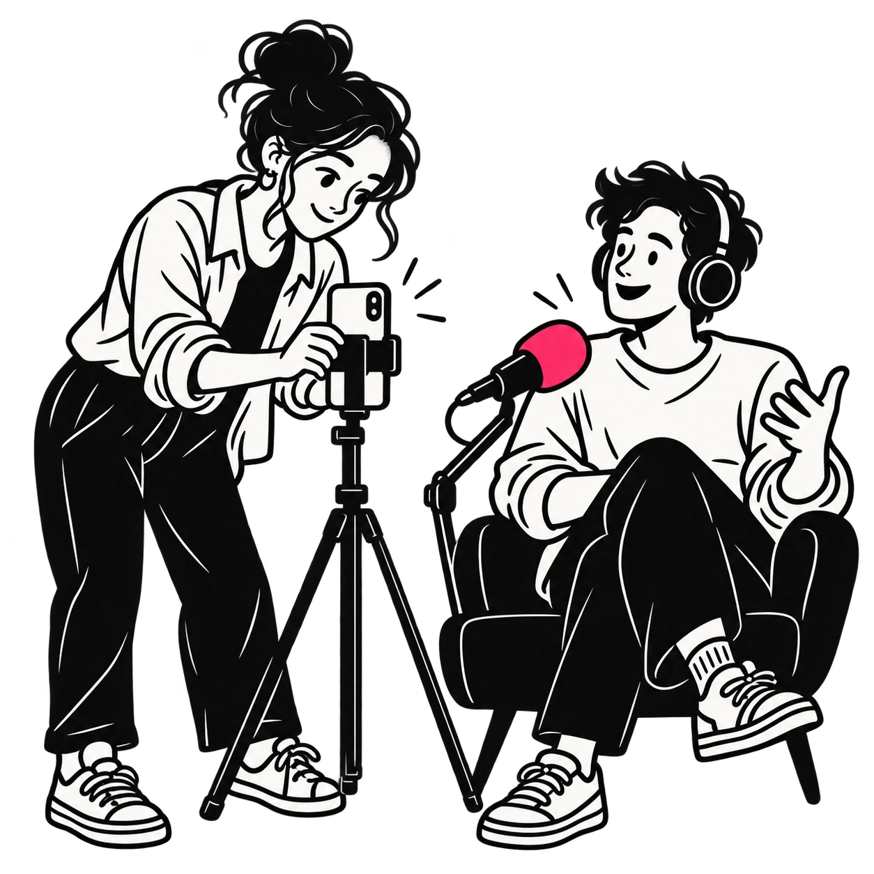 A creative setting up a vertical phone camera beside a podcast guest and microphone