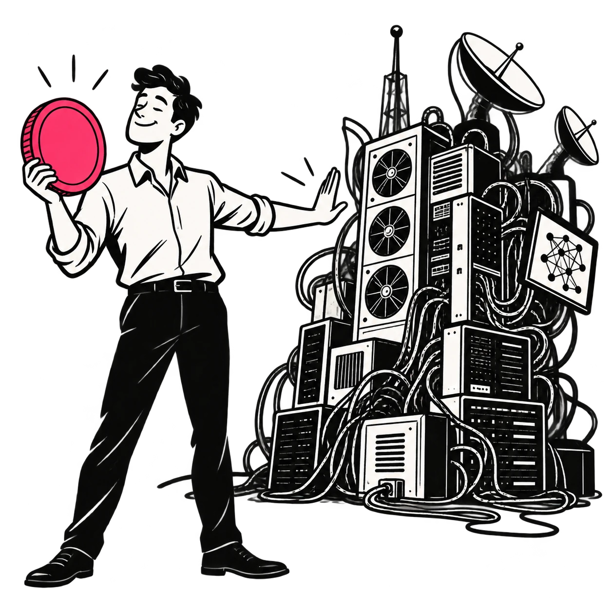 A business owner holding one bright coin and calmly rejecting an oversized tangle of servers and machinery