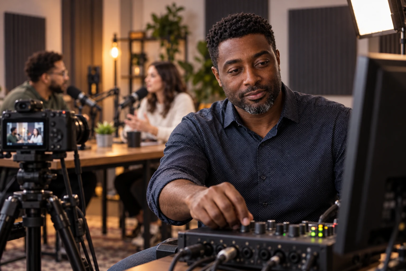 Nick checking audio levels while a podcast film crew records in the background
